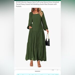 BTFBM Square Neck Puff Long Sleeve Flowy Maxi Dress with Pocckets
